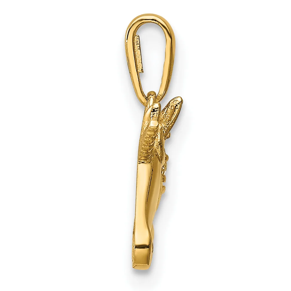 A gold-colored lobster claw clasp pendant with textured wings or feathered details on the upper portion, displayed vertically against a white background.