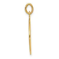 A long gold pendant with an oval loop at the top and a tapered point at the bottom, shown against a white background.