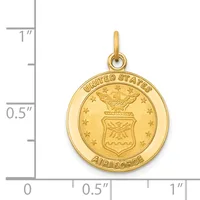Gold-colored circular pendant featuring a United States Air Force seal with an eagle and shield, shown next to a measurement scale indicating approximately one inch in diameter.