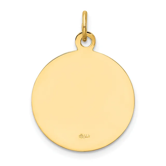 A polished gold circular pendant with a loop attachment at the top and a small stamped hallmark on the lower surface.