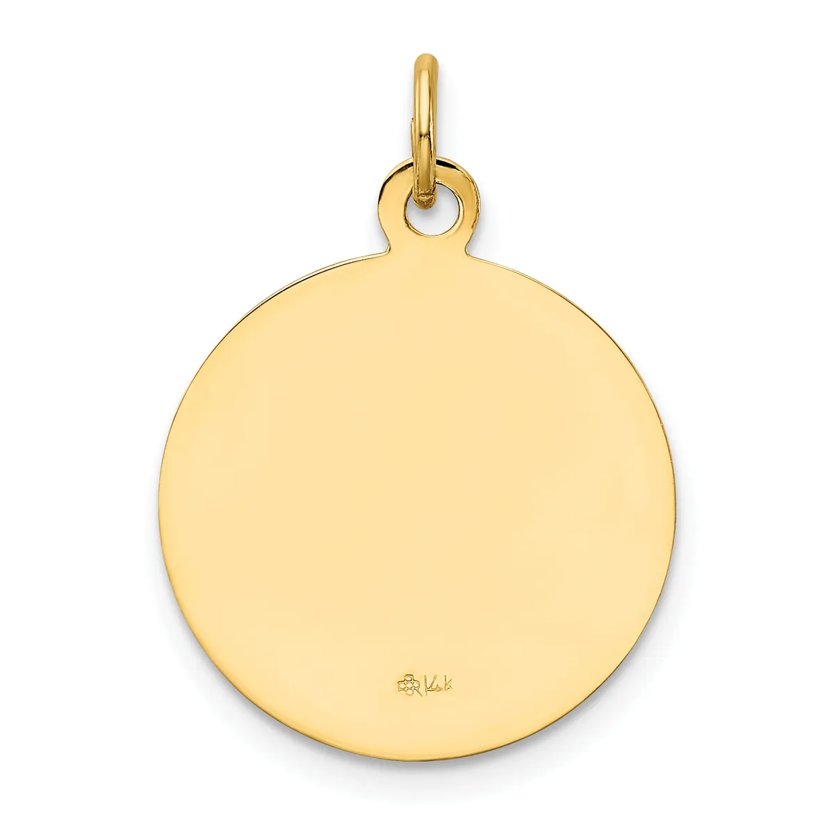 A polished gold circular pendant with a loop attachment at the top and a small stamped hallmark on the lower surface.