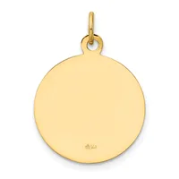 A polished gold circular pendant with a loop attachment at the top and a small stamped hallmark on the lower surface.