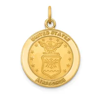 Gold pendant featuring a circular Air Force seal with an eagle and shield design, suspended from a loop bail.