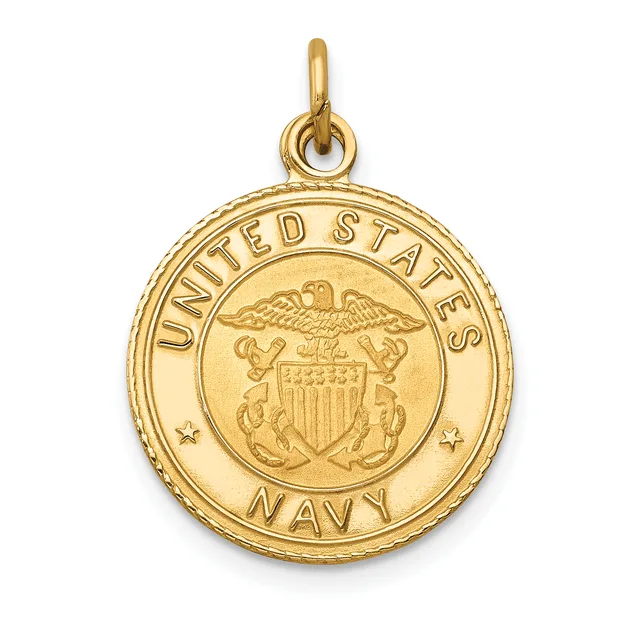 Gold circular pendant with "UNITED STATES NAVY" text around the border, an eagle at the top, and a shield with vertical stripes and decorative elements in the center, suspended from a gold loop bail.