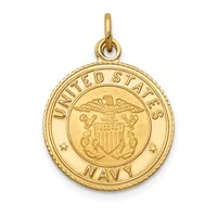 Gold circular pendant with "UNITED STATES NAVY" text around the border, an eagle at the top, and a shield with vertical stripes and decorative elements in the center, suspended from a gold loop bail.