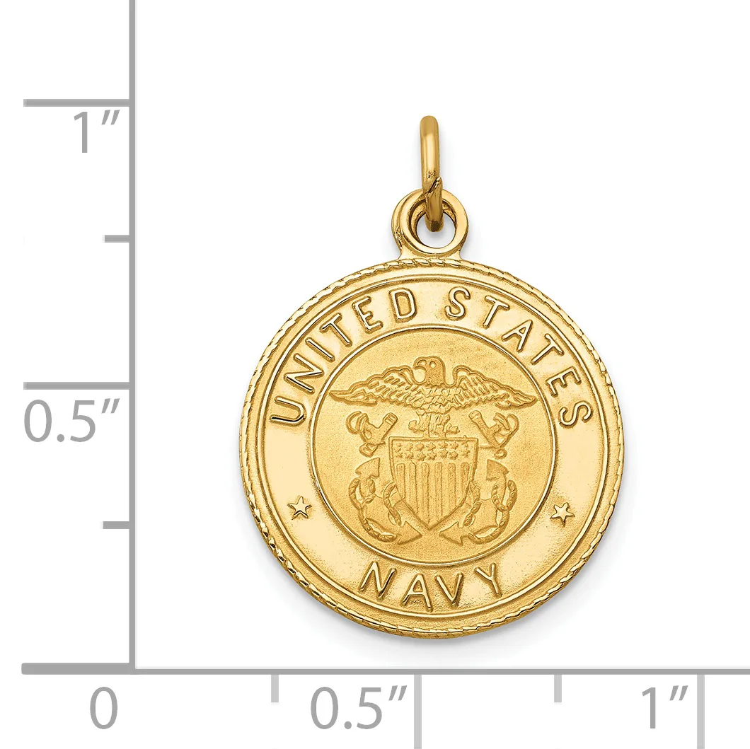 Gold-toned circular pendant with "United States Navy" text around the rim and an eagle with shield emblem in the center, shown next to a ruler for scale.