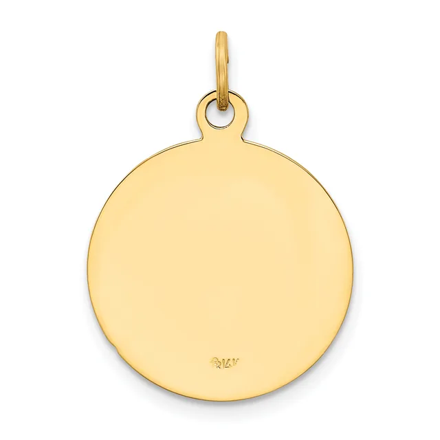 A polished gold circular pendant with a loop attachment at the top and a small stamped hallmark on the lower surface.