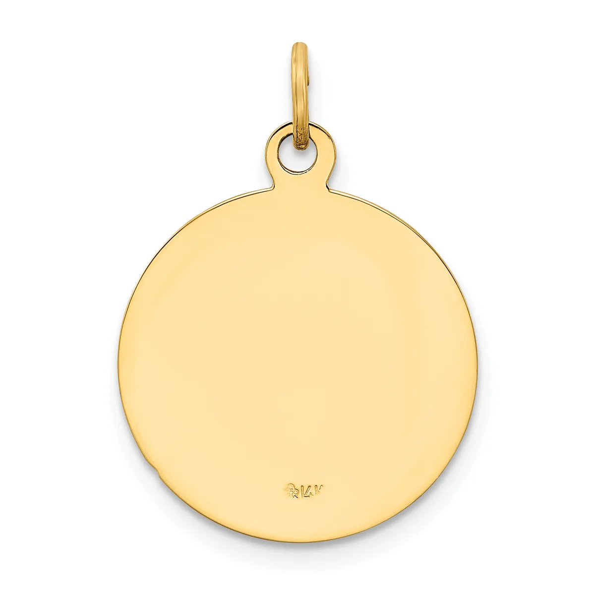 A polished gold circular pendant with a loop attachment at the top and a small stamped hallmark on the lower surface.