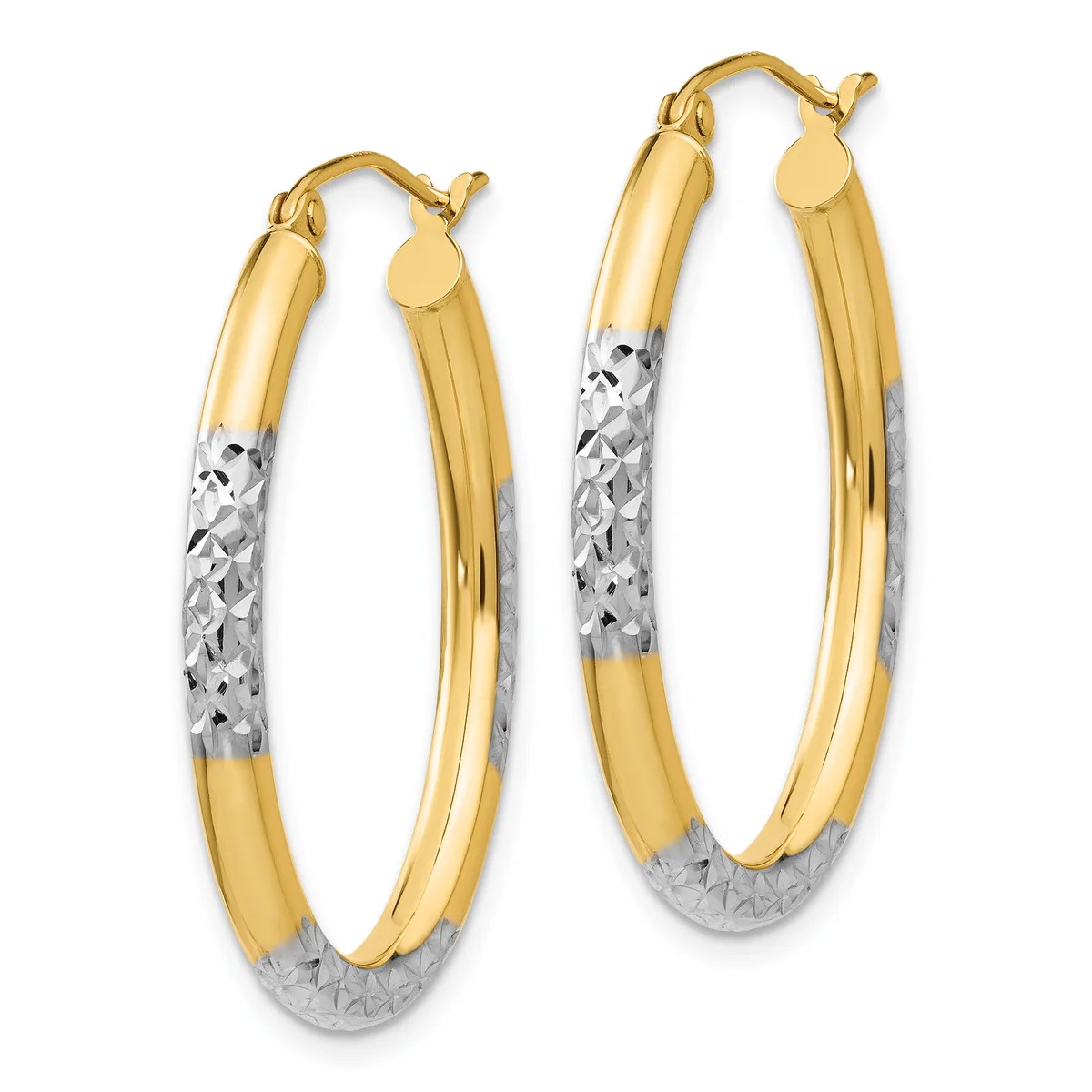 Pair of two-tone gold hoop earrings with textured white gold sections and polished yellow gold sections, featuring hinged posts and small disc backs.