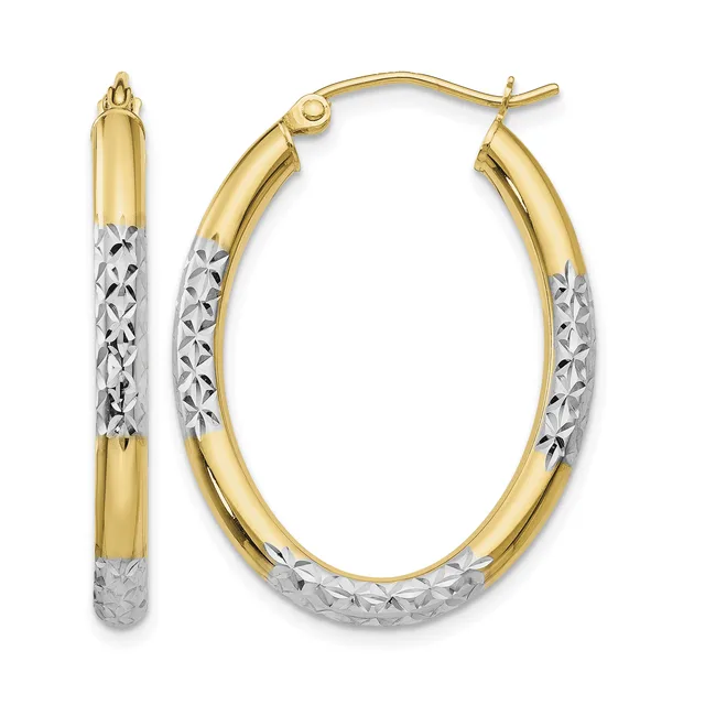 A pair of two-tone gold hoop earrings with textured white gold sections on the lower half and polished yellow gold on the upper half, shown from front and side views.