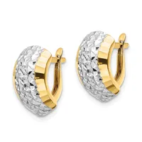A pair of gold and silver two-tone textured hoop earrings with hinged closures, displayed against a white background.