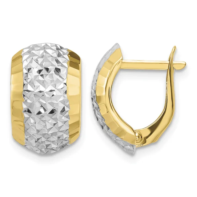 A pair of two-tone gold hoop earrings with textured white gold centers and polished yellow gold sides, shown from front and side views.
