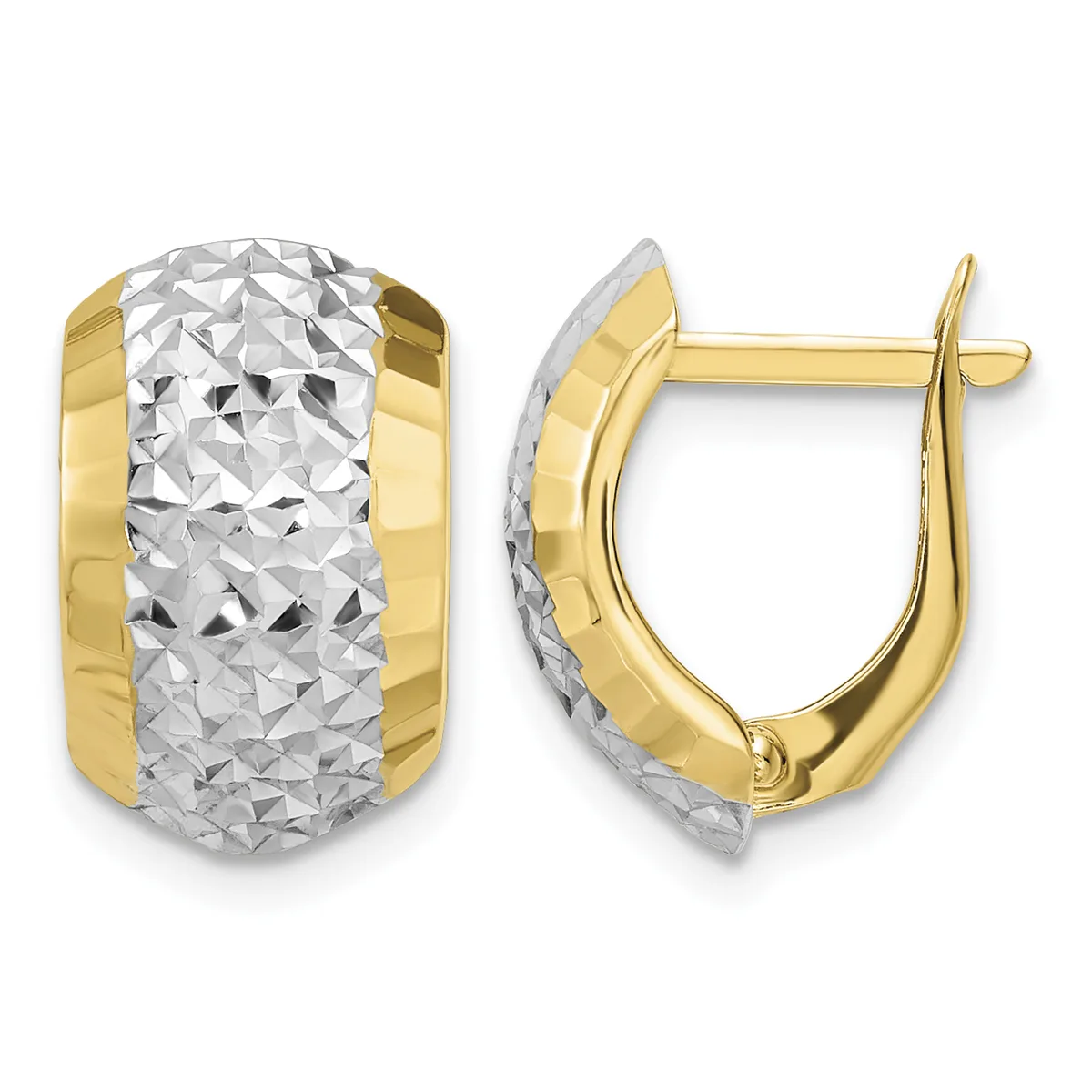 A pair of two-tone gold hoop earrings with textured white gold centers and polished yellow gold sides, shown from front and side views.