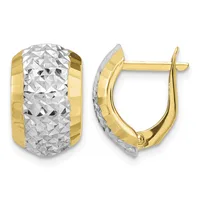A pair of two-tone gold hoop earrings with textured white gold centers and polished yellow gold sides, shown from front and side views.