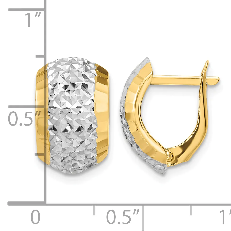 Two-tone gold hoop earrings with textured white gold center band and polished yellow gold sides, shown front and side view with measurement scale.