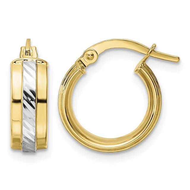 Two-tone gold hoop earrings with polished yellow gold outer surfaces and textured white gold center strips, shown from front and side views.