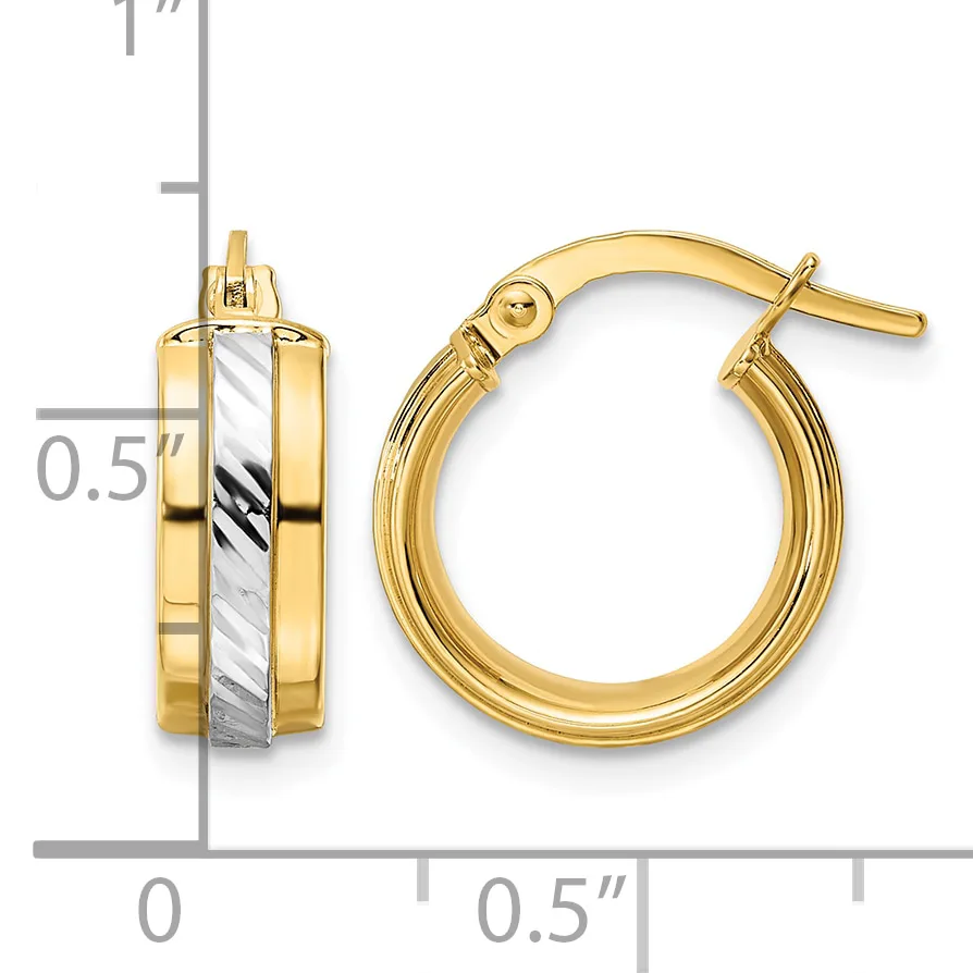 Two-tone gold hoop earrings with polished yellow gold outer surfaces and white gold textured center panels, shown with measurement scale indicating approximately half-inch diameter.