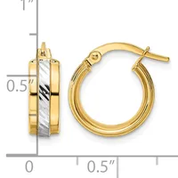 Two-tone gold hoop earrings with polished yellow gold outer surfaces and white gold textured center panels, shown with measurement scale indicating approximately half-inch diameter.