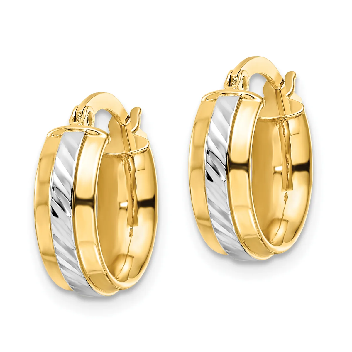 Pair of gold and white gold hoop earrings with diagonal striped pattern and hinged closures, shown from the front.