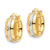 Pair of gold and white gold hoop earrings with diagonal striped pattern and hinged closures, shown from the front.