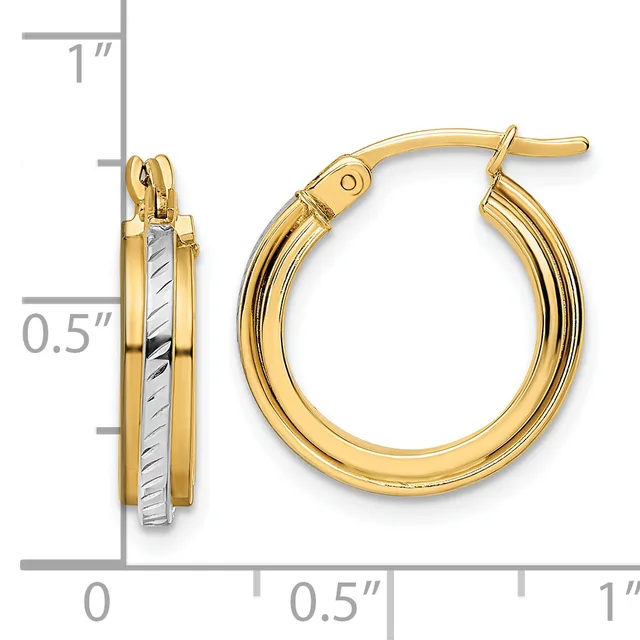 Two-tone gold hoop earrings with textured center stripe and smooth polished outer surfaces, shown front and side view with measurement scale indicating approximately one inch in length.