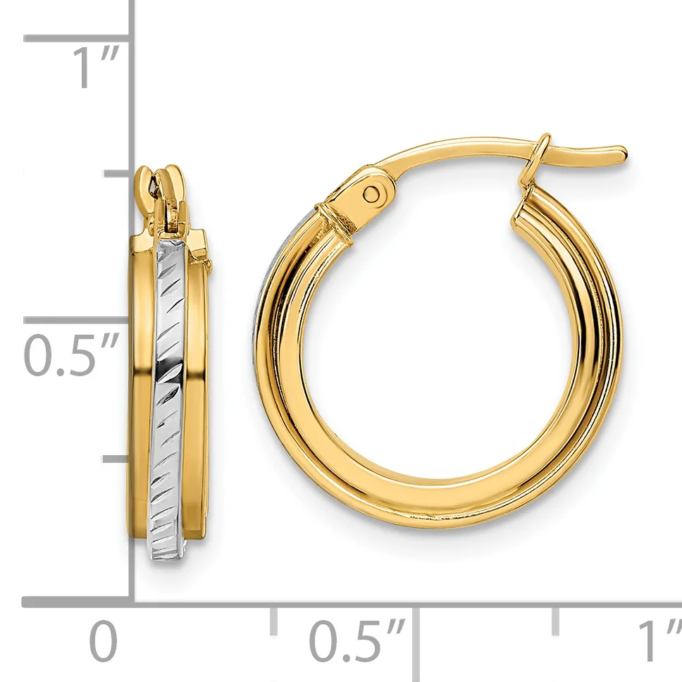 Two-tone gold hoop earrings with textured center stripe and smooth polished outer surfaces, shown front and side view with measurement scale indicating approximately one inch in length.