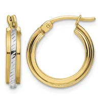 Pair of gold hoop earrings with textured and polished bands, shown from front and side views with post and clutch closures.