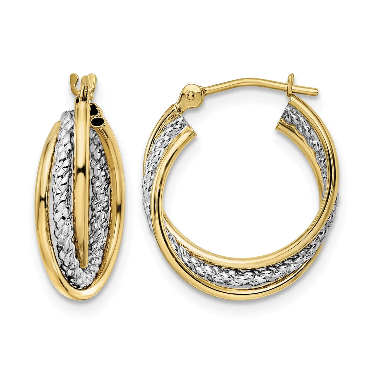 Pair of two-tone gold hoop earrings with textured white gold centers and polished yellow gold outer bands, shown from front and side views.