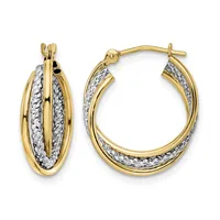 Pair of two-tone gold hoop earrings with textured white gold centers and polished yellow gold outer bands, shown from front and side views.