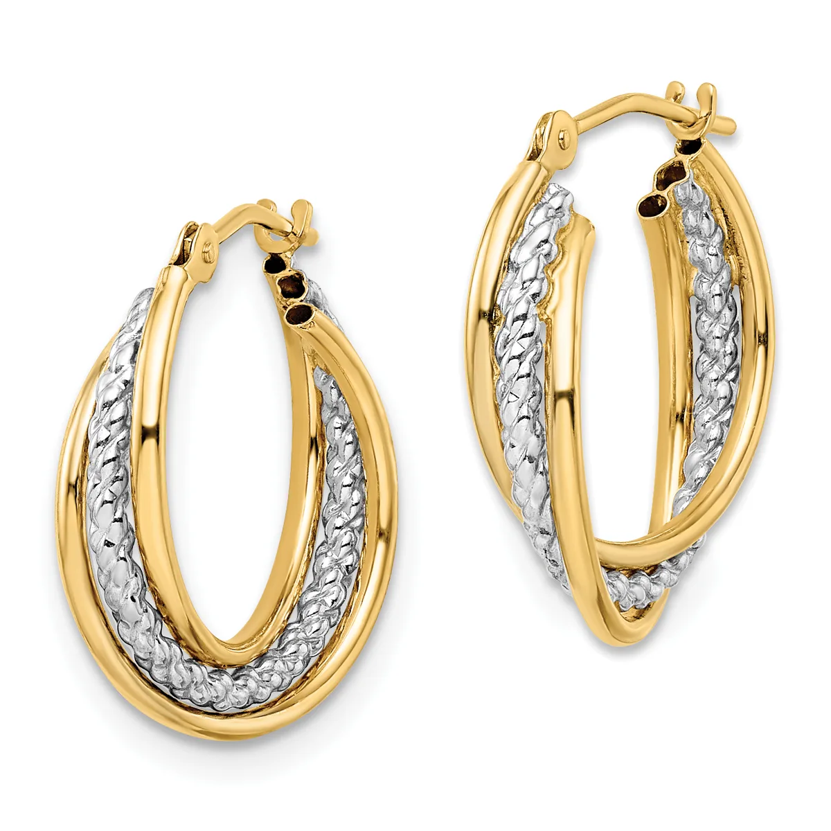 A pair of two-tone gold hoop earrings with textured white metal inlay along the inner curved surface, featuring post and clutch closures.
