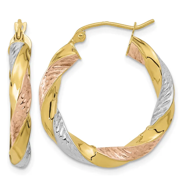 Pair of tricolor gold hoop earrings with twisted design featuring yellow, white, and rose gold sections, shown from front and side views.