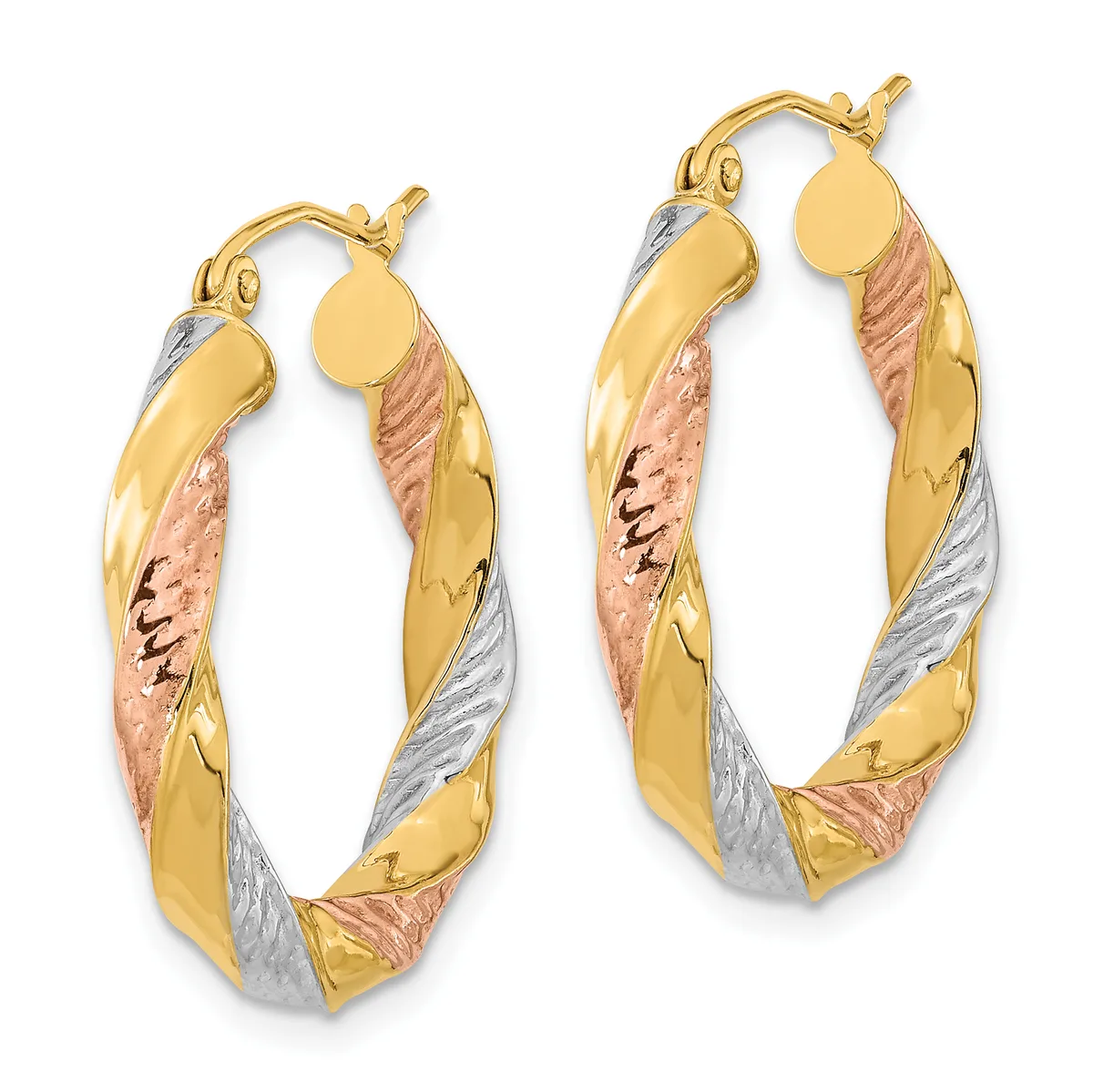 Pair of tri-color gold twisted oval hoop earrings with yellow, rose, and white gold sections and post-and-clutch closures.
