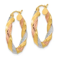 Pair of tri-color gold twisted oval hoop earrings with yellow, rose, and white gold sections and post-and-clutch closures.