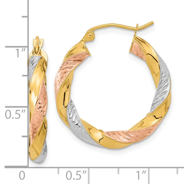 Pair of tri-color gold twisted hoop earrings with yellow, white, and rose gold sections, displayed next to a measurement ruler showing approximately one inch in length.