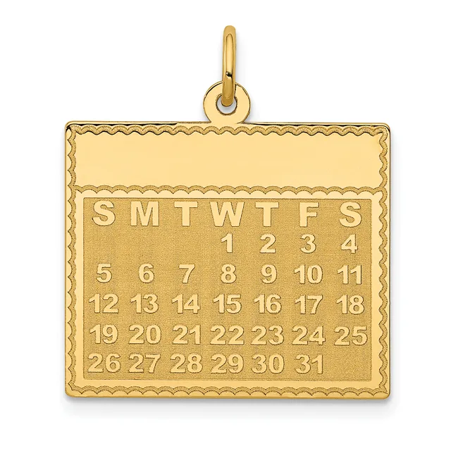 Gold calendar pendant with decorative border showing a month layout with days of the week and numbered dates, with a loop attachment at the top.