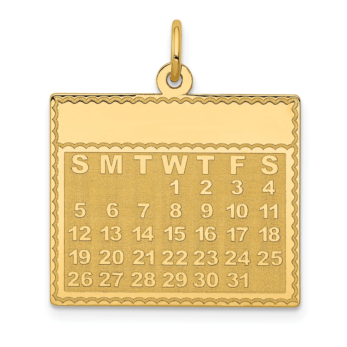 Gold calendar pendant with decorative border showing a month layout with days of the week and numbered dates, with a loop attachment at the top.