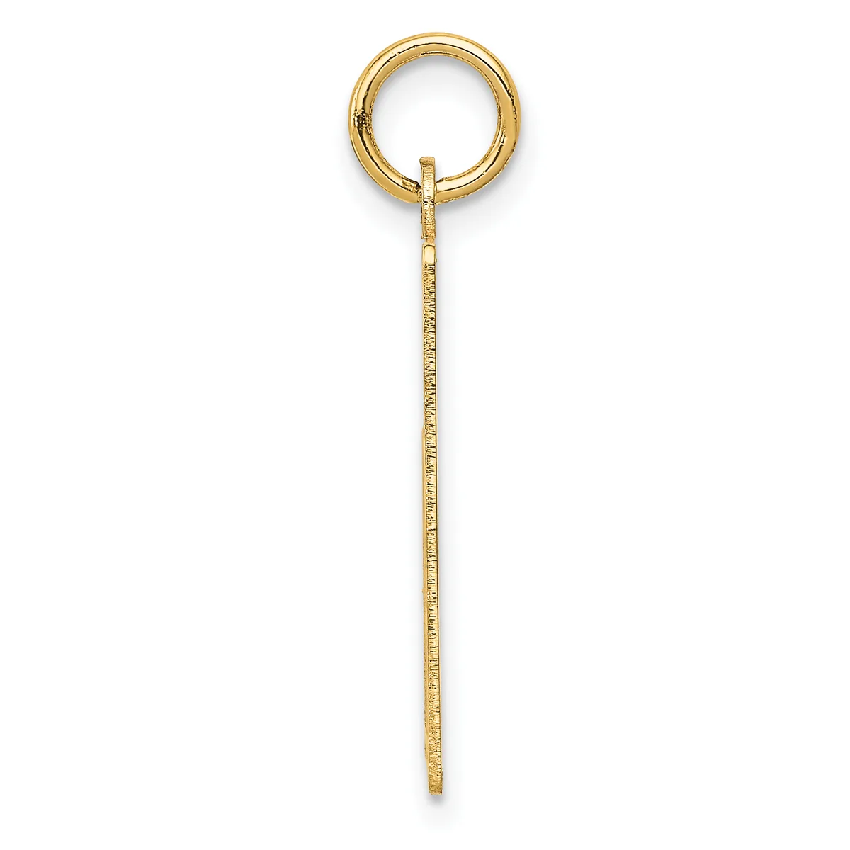 A long, thin gold chain with a textured surface hanging from a round gold loop at the top.