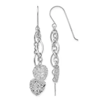 Pair of silver dangle earrings with chain links and textured heart charms, shown from front and back views.