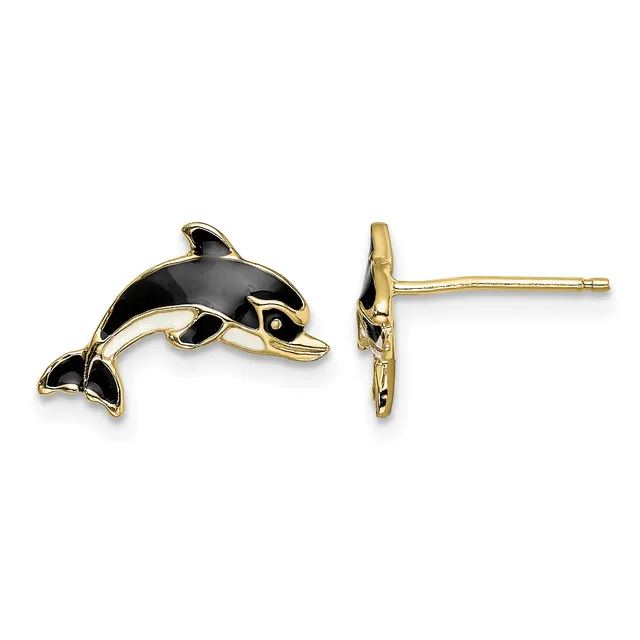 A pair of gold stud earrings featuring black enamel orca whale designs, shown from front and side views.