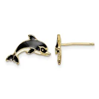 A pair of gold stud earrings featuring black enamel orca whale designs, shown from front and side views.