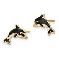 A pair of gold-plated stud earrings featuring black enamel orca whale designs with gold accents, shown from the front.