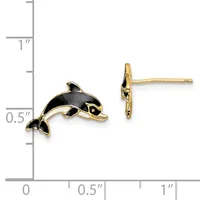 A pair of gold orca whale stud earrings with black enamel filling, shown next to a measurement ruler indicating their size of approximately half an inch.