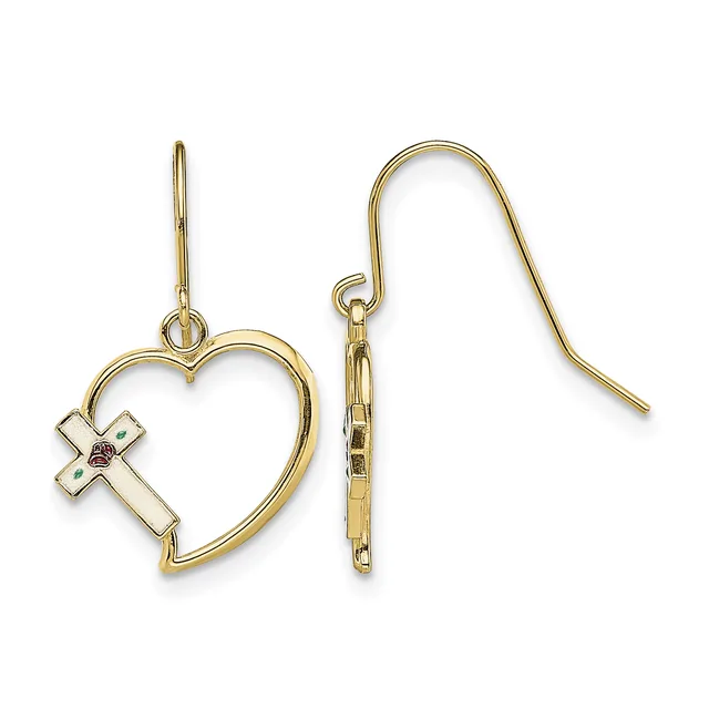 A pair of gold-toned dangle earrings featuring heart-shaped frames with small cross charms, displayed against a white background.