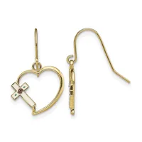 A pair of gold-toned dangle earrings featuring heart-shaped frames with small cross charms, displayed against a white background.