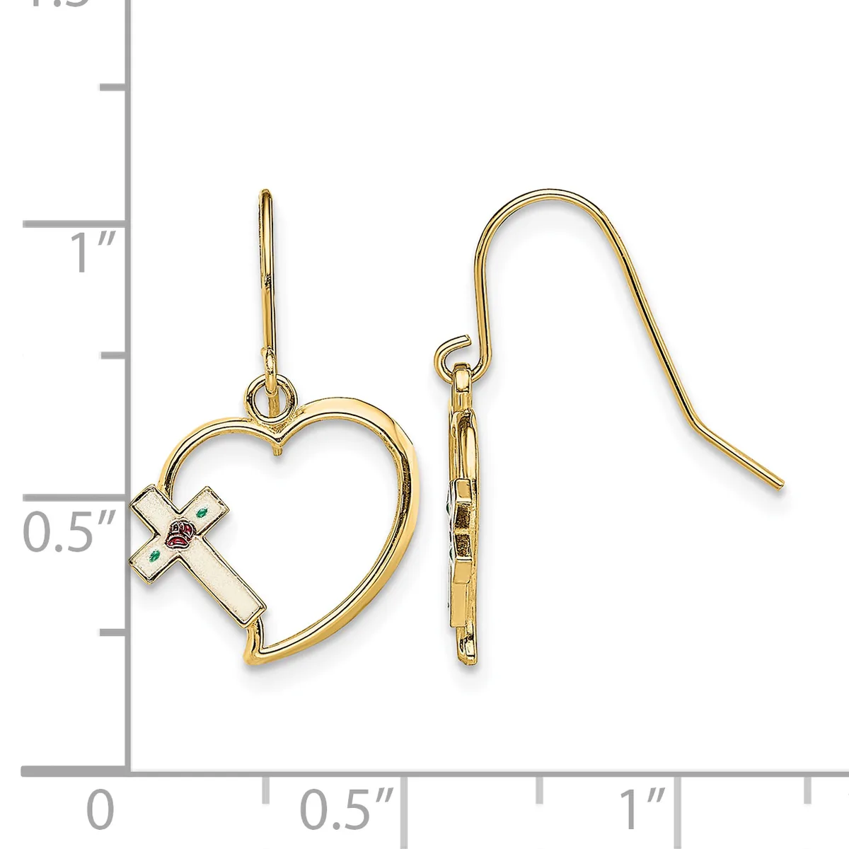 Gold-toned heart-shaped earrings with cross charms featuring small red stones, displayed next to a measurement ruler showing approximately one inch in length.