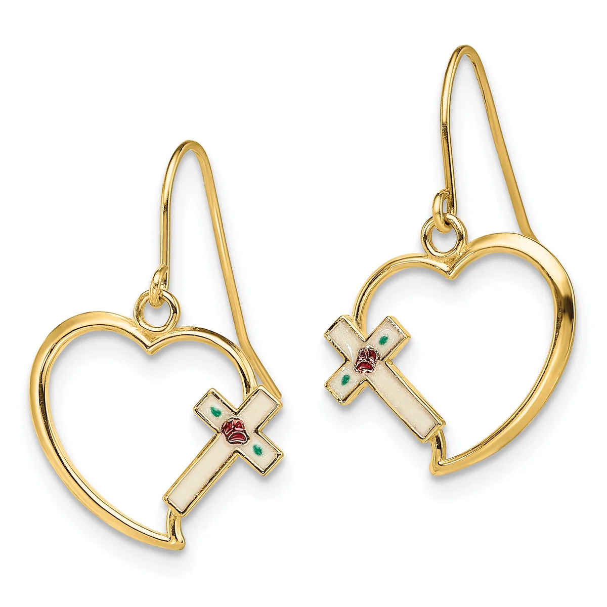Pair of gold heart-shaped earrings with decorative cross charms featuring colorful gemstones, suspended from curved ear wires.