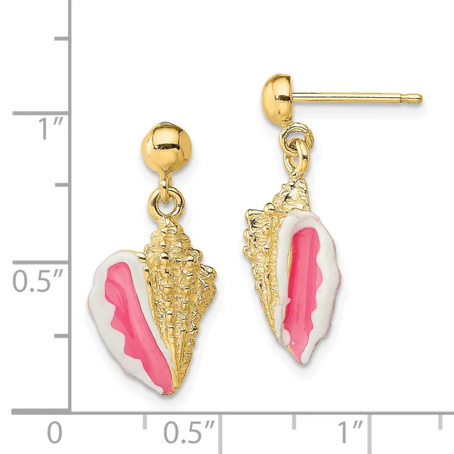 Gold-toned shell-shaped drop earrings with pink enamel inlay and textured details, shown next to a measurement scale.