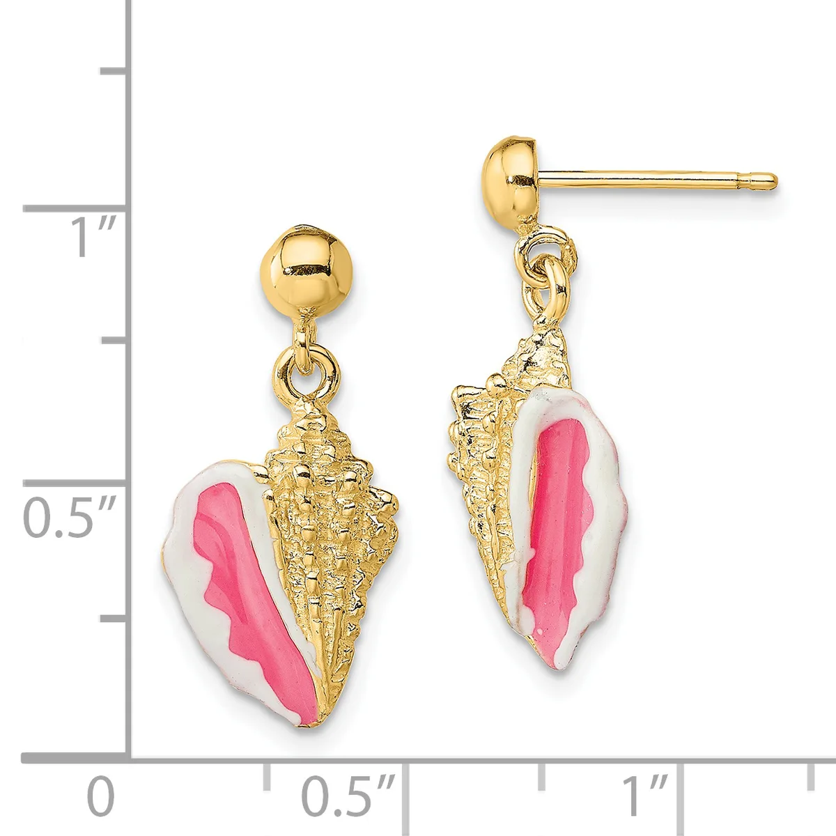 Gold-toned shell-shaped drop earrings with pink enamel inlay and textured details, shown next to a measurement scale.