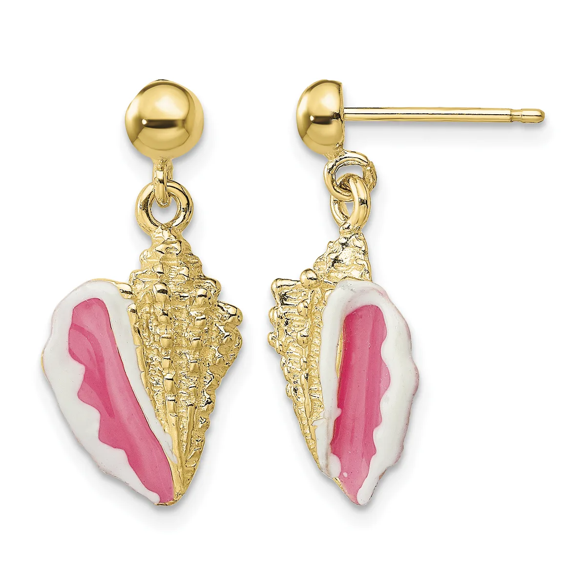 Pair of gold-plated ball stud earrings with dangling shell charms featuring pink and white enamel, shown from front and back views.
