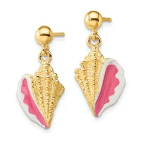 Pair of gold ball stud earrings with dangling conch shell charms featuring gold textured finish and pink and white enamel inlay.